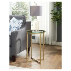 Best deal 🧨 Vivian Glam X Leg Round Side Table - Saracina Home Dark Walnut/gold 🔔 -End And Side Tables shop unnamed file 1040