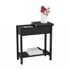Promo π₯° Flip Top End Table with Storage Compartment and Lower Shelf Matte Black - Yorkshire Home π