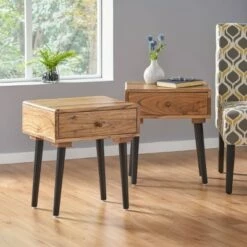 Best Pirce π Set of 2 Uvalda Handcrafted Mid-Century Modern Wooden Side Tables with Drawer Natural/Black - Christopher Knight Home π