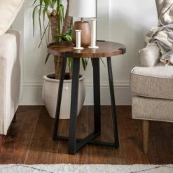 Promo 😀 Set of 2 Wrightson Urban Industrial Wrap Leg Round Side Tables - Saracina Home Faux Dark Concrete 🎁
