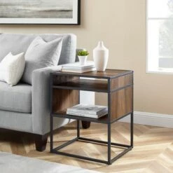 Cheapest 🧨 Modern Wood and Metal Side Table with Open Storage - Saracina Home Dark Walnut 😉