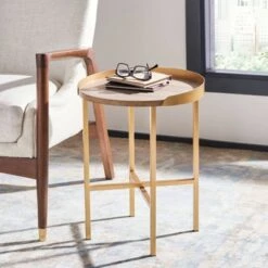 New 🌟 Prague Round Side Table Light Gray Oak/Gold - Safavieh 🔔