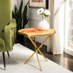 Deals 🛒 Giselle Faux Agate Side Table Multi Orange/Gold - Safavieh 🔥