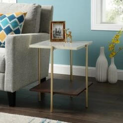 Best Pirce 🛒 20" Dual Shelf Glam Square Side Cocktail Table Faux White Marble/Dark Walnut - Saracina Home 👏