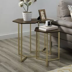 Cheap 💯 Set of 3 Glam Hexagon Geometric Nesting Accent Tables - Saracina Home Dark Walnut/gold 🎉