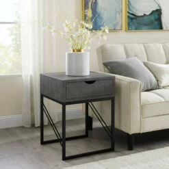 Promo ✨ Faux Shagreen Modern 1 Drawer Side Table - Saracina Home Off-white 👏
