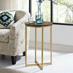 Flash Sale 😍 Set of 2 Vivian Glam X Leg Round Side Tables Dark Walnut/Gold - Saracina Home ❤️