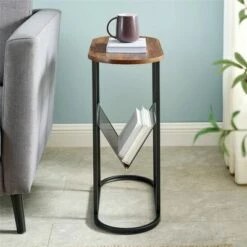 Outlet 🛒 Contemporary Oval Accent Side Table with Metal Wire Rack - Saracina Home Dark Walnut 🧨 -End And Side Tables shop unnamed file 2363