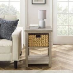 Hot Sale 🎁 Mission Side Table with Woven Basket Storage - Saracina Home Rustic Oak 🤩