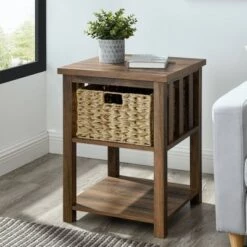 Hot Sale 🎁 Mission Side Table with Woven Basket Storage - Saracina Home Rustic Oak 🤩 -End And Side Tables shop unnamed file 2448