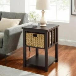 Hot Sale 🎁 Mission Side Table with Woven Basket Storage - Saracina Home Rustic Oak 🤩 -End And Side Tables shop unnamed file 2449