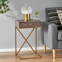 New 🛒 Bucyrus Rustic Glam Handcrafted Acacia Wood C Shaped Side Table Dark Brown/Gold - Christopher Knight Home 😉