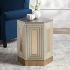 Coupon ✨ 55 Downing Street Danika 24" Wide Mid-Century Champagne Silver Round Side Table 🎁