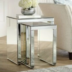 Best reviews of 🤩 Studio 55D Modern Mirrored Rectangular Nesting Tables Set of 2 Silver Beveled Mirror Living Room Bedroom Bedside Entryway House 🎁