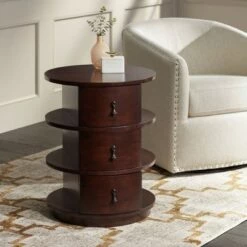 Best deal ❤️ 55 Downing Street Mid Century Modern Walnut Wood Round Accent Side End Table 19 3/4" Wide with Drawer and Shelf Brown for Living Room Home 🎉
