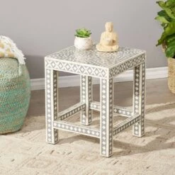 Promo π Eutaw Handcrafted Boho Mango Wood End Table Gray/White - Christopher Knight Home π₯