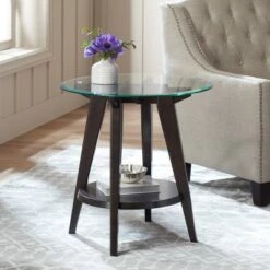 Best deal 🛒 55 Downing Street Farmhouse Wood Round Accent Table 24" Wide with Shelf Dark Brown Tempered Glass Tabletop Living Room Home House 🔥