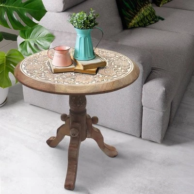 Buy π Intricately Carved Round Top Mango Wood Side End Table with Pedestal Base Brown/White - The Urban Port π€© 6 Buy π Intricately Carved Round Top Mango Wood Side End Table with Pedestal Base Brown/White - The Urban Port π€© - Image 4