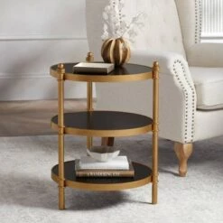 Best deal 🧨 55 Downing Street Modern Luxe Wood Round Accent Side End Table 18 3/4" Wide Black Gold 3-Tier for Spaces Living Room Home House 👍