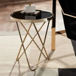 Cheapest 🧨 55 Downing Street Modern Gold Round Accent Side End Table 17 1/2" Wide Painted Black Glass Top Hairpin Base for Living Room Home 🎁
