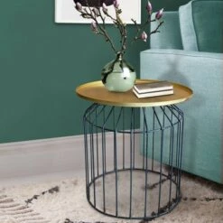 Best deal 🎉 Round Tray Top Metal Accent Side End Table with Tubular Wire Frame Gold/Black - Benzara 😍 -End And Side Tables shop unnamed file 4432