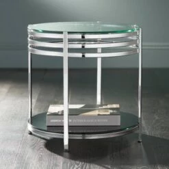 Coupon 🥰 Studio 55D Modern Chrome Stainless Steel Round Accent Side End Table 21" Wide Silver Clear Glass Black Living Room Bedroom Bedside ✔️