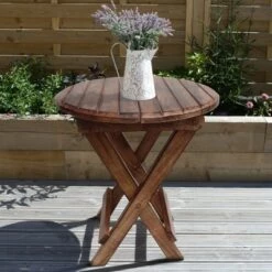 Best Sale 👏 Wooden Round Folding Chair Side End Table with Planked Top Brown - The Urban Port 👍 -End And Side Tables shop unnamed file 4534