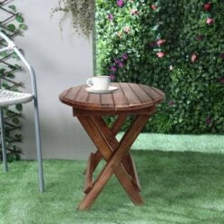 Best Sale 👏 Wooden Round Folding Chair Side End Table with Planked Top Brown - The Urban Port 👍 -End And Side Tables shop unnamed file 4535