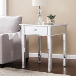 Best deal 😀 Meiyi Furniture SEI Furniture Mirage Mirrored Tall End Side Accent Table with 1 Drawer and Faux Crystal Knob for Living Room, Hall, or Entryway, Metallic 👏 -End And Side Tables shop unnamed file 4569
