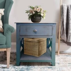 Promo 😍 24" Wooden 1 Drawer End Table with Cross Sides and Open Bottom Shelf - The Urban Port Cream 😍 -End And Side Tables shop unnamed file 4647