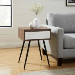 Budget 🔔 Mid-Century Modern Fluted Drawer Side Table - Saracina Home Solid White/dark Walnut 👏
