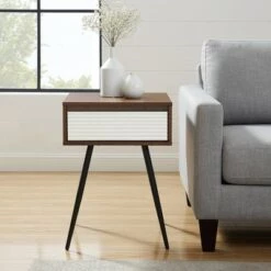 Budget 🔔 Mid-Century Modern Fluted Drawer Side Table - Saracina Home Solid White/dark Walnut 👏 -End And Side Tables shop unnamed file 4744