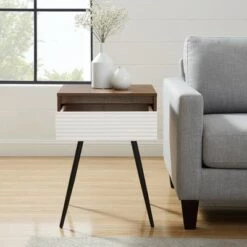 Budget 🔔 Mid-Century Modern Fluted Drawer Side Table - Saracina Home Solid White/dark Walnut 👏 -End And Side Tables shop unnamed file 4745