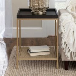 Best deal 🔔 Rosalyn Urban Industrial Glam Square Tray Side Table with Metal Mesh Shelf Graphite/Gold - Saracina Home ✨ -End And Side Tables shop unnamed file 5112