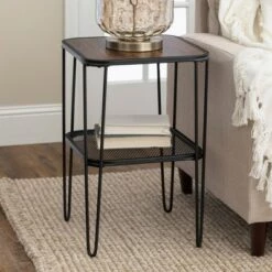 New 🧨 Pierceton Modern Industrial Hairpin Leg Side Table with Metal Mesh Shelf Dark Walnut - Saracina Home ⌛ -End And Side Tables shop unnamed file 5190