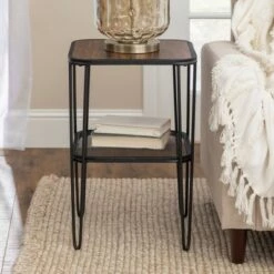 New 🧨 Pierceton Modern Industrial Hairpin Leg Side Table with Metal Mesh Shelf Dark Walnut - Saracina Home ⌛ -End And Side Tables shop unnamed file 5191