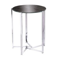 Deals ✔️ Dandelion Round End Table with Faux Marble Glass Top Silver - Aiden Lane ⭐