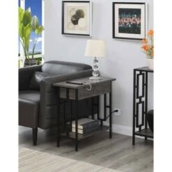 New 🛒 Town Square Flip Top End Table with Charging Station Weathered Gray/Black - Breighton Home ⭐