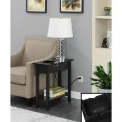 Outlet β American Heritage Flip Top End Table with Charging Station and Shelf - Breighton Home Faux Birch/black π