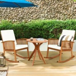 Deals π Costway 3PCS Patio Rocking Chair Set Round Table Solid Wood Cushioned Sofa Garden Deck βοΈ