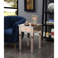 Discount 🛒 Gold Coast Mirrored End Table with Drawer Silver/Rose - Breighton Home 👏