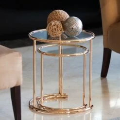 Buy 🔔 Set of 2 Nested Round End Tables Clear Glass and Gold - Danya B. 👏 -End And Side Tables shop unnamed file 6303