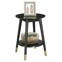 Budget 😍 Wilson Mid-Century Modern Round End Table with Bottom Shelf Black - Breighton Home 🌟