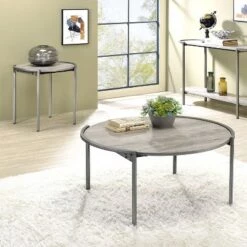 Budget 🎉 2pc Millerton Round Coffee and End Table Set Light Gray/Brushed Metal - miBasics 👍