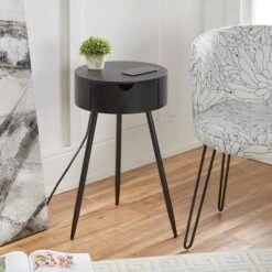 Deals ✔️ Round Side Table with USB and Outlet - Decor Therapy Black 👏 -End And Side Tables shop unnamed file 6810