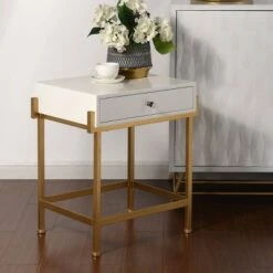Best deal 🎉 White Lacquered Side Table with Antique Gold Base White - Stylecraft ⌛ -End And Side Tables shop unnamed file 7114