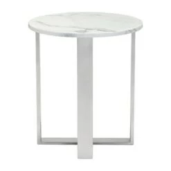 New ❤️ Modern Round Faux Marble Side Table - Stone, Brushed Stainless Steel - Zm Home 🧨