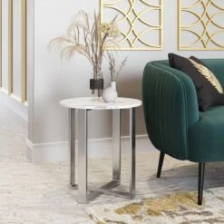 New ❤️ Modern Round Faux Marble Side Table - Stone, Brushed Stainless Steel - Zm Home 🧨 -End And Side Tables shop unnamed file 7354