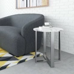 New ❤️ Modern Round Faux Marble Side Table - Stone, Brushed Stainless Steel - Zm Home 🧨 -End And Side Tables shop unnamed file 7355