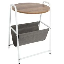 Buy 🧨 Mind Reader Round Side Table with Fabric Storage Pocket, Wood Finish 👏